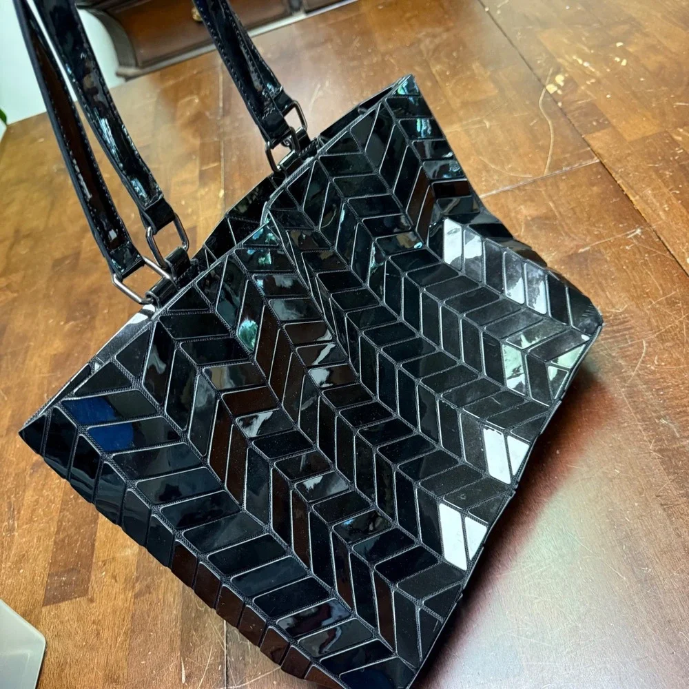 Geometric Tote Bag Women Large Black Glossy Chevron Mosaic Shoulder Bag